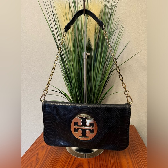 Tory Burch Reva Clutch Blue Leather Snakeskin Print Chain Handbag bag RARE - Picture 1 of 12